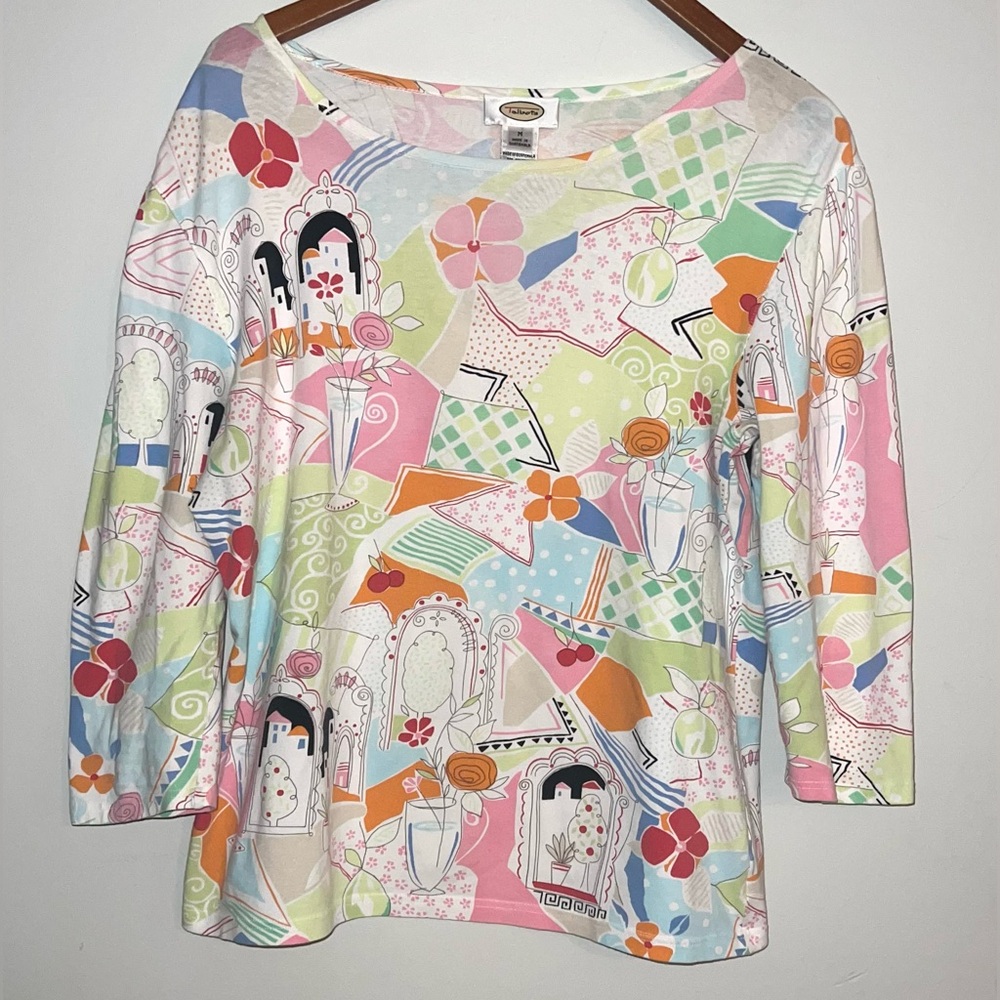 Talbots Mixed Abstract Print Floral Greek Village Top Blouse Sz M